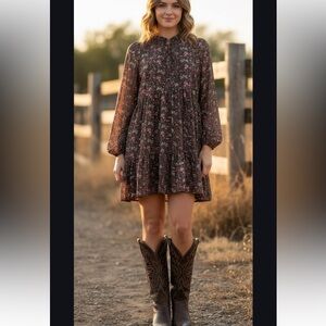 American Eagle Floral Tiered Midi Dress Cottagecore/Country Burgundy Med New